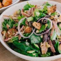 Misti Salad · Mixed greens, salami, fontina, cucumber, red onion, tomatoes, olives, artichokes, focaccia c...
