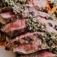 Flat Iron Steak · Soy-pinapple marinated flat iron steak, broccolini, fingerling potatoes, heirloom tomatoes, ...