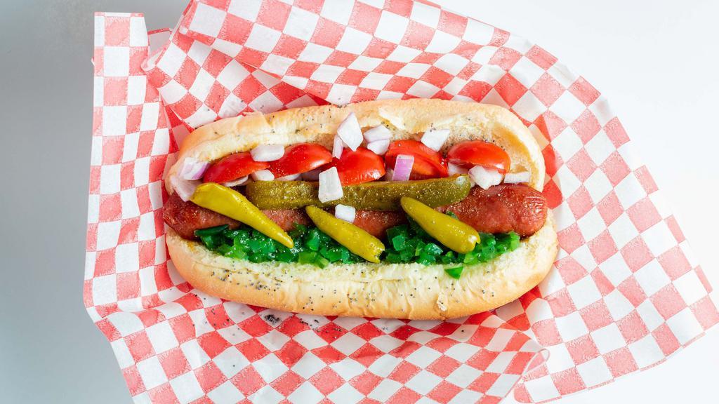 Chicago Dog · Tomato, Pickle, Hot Peppers, Onion, Relish, Poppy Seeds & Celery Salt.