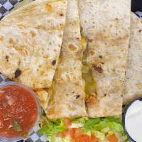 Cheese Quesadilla · Flour tortilla, shredded cheese, pico, green chilies and your choice of meat. Served with sa...