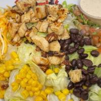 Southwest Salad · Chopped salad mix, grilled chicken, pico, corn, black beans, shredded cheese and tortilla st...