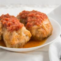 Beef Cabbage Rolls · Organic, gluten free. Made from scratch with cabbage leaves and ground beef and rice.