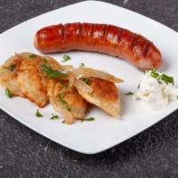 Kielbasa With 5 Pierogies · Authentic Polish sausage.