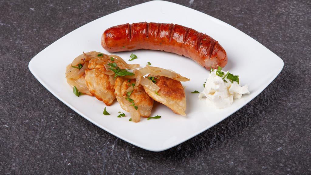 Kielbasa With 5 Pierogies · Authentic Polish sausage.