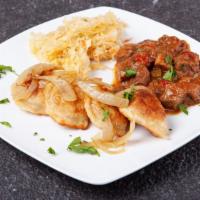 Beef Goulash With 5 Pierogies · Stew of meat and vegetables, seasoned with Hungarian paprika and spices, accompanied by home...