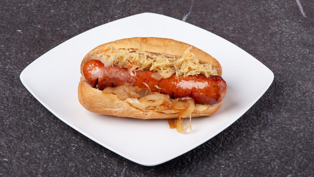 Kielbasa Hot Dog · Authentic Polish sausage, served in a hoagie with caramelized onions and homemade sauerkraut salad.