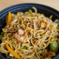 Dan Yaki · Noodles, Shrimp, Dan Dan and Teriyaki with Cabbage, Snow Peas, Bell Peppers, Mushrooms and O...