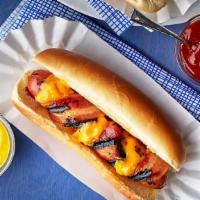 Bacon Wrapped Hot Dogs · All beef sausage, topped with your choice of yellow mustard and ketchup.