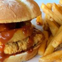 Ranch Hand Sandwich Combo · Crispy chicken breast, beer battered onion rings, BBQ sauce. Served with a side and a medium...