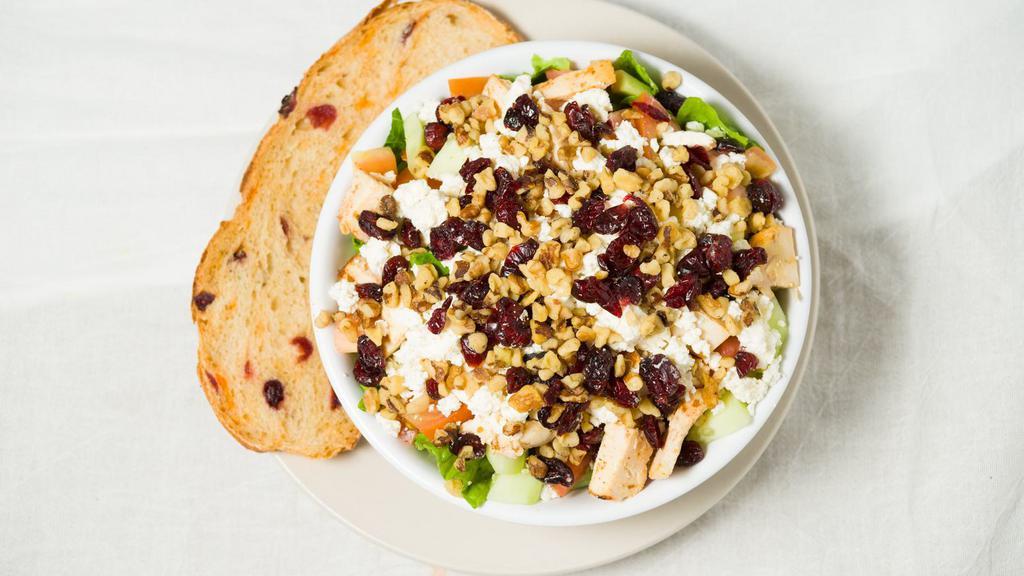 Cranberry, Feta, Chicken, Walnut Salad (Dinner) · Romaine lettuce, white chicken breast, Feta cheese, dried cranberries, walnuts, tomatoes, and cucumbers.