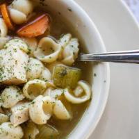 Homemade Soups By Chef Gilles · Garden Vegetable
Chicken Noodle OR
Split Pea
           with your choice of Artisan Bread
Ch...