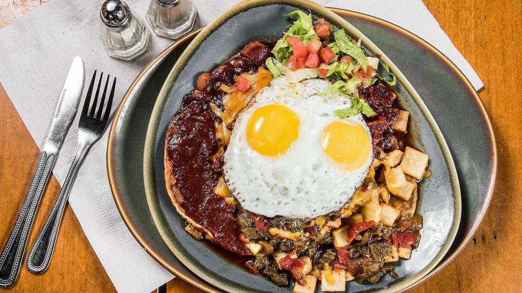 Huevos Rancheros · Tortilla, home fries, pintos, Cheddar chile and two eggs bacon, ham, sausage and carne for additional charge.
