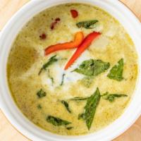 Green Curry · Eggplant, bamboo shoot, red bell peppers, green bean, and basil.