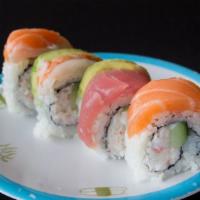 Rainbow Roll (4 Pieces) · Crab salad and cucumber inside. Topped with salmon. Tuna, shrimp. And avocado.