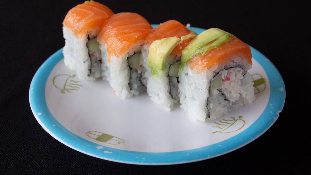 Oregon Roll · Crab salad and cucumber topped with salmon and avocado.