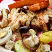 Greek Chicken Salad · Chicken, Lettuce, Tomatoes, Cucumbers, Boiled Egg, Olives, Red Onions, Pepperoncini, Feta Ch...