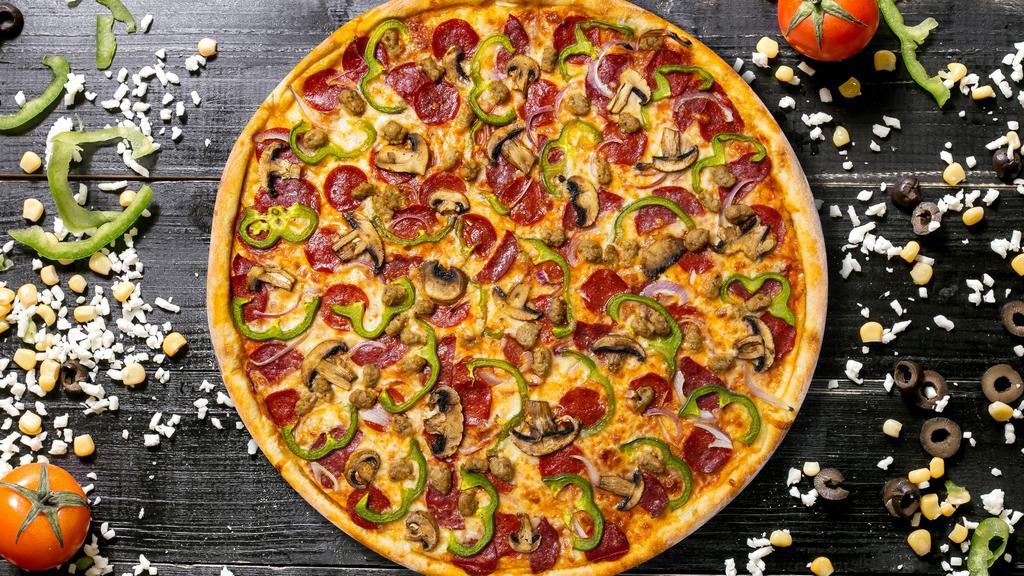 Supreme Pizza · Our famous house-made dough topped with pepperoni, Italian sausage, green peppers, mushroom, onion, black olives, and house cheese blend