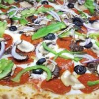 Godfather Clock · Pepperoni, sausage, mushrooms, onions, green peppers, and black olives.