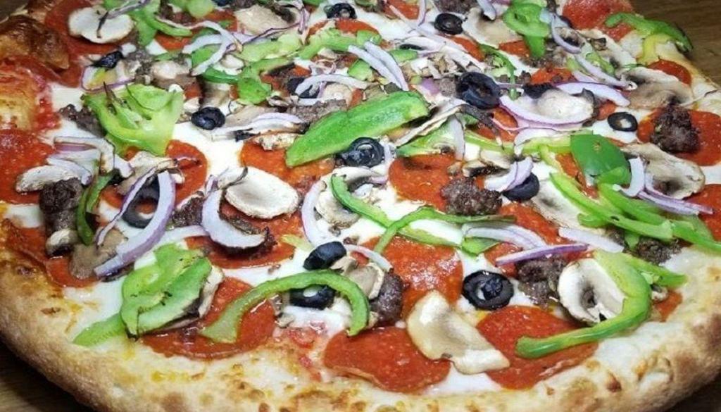 Godfather Clock · Pepperoni, sausage, mushrooms, onions, green peppers, and black olives.