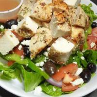 Grilled Chicken Salad · Fresh garden salad topped with grilled chicken & your choice of dressing.