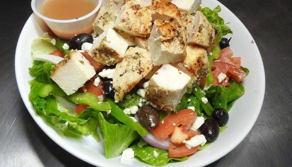 Grilled Chicken Salad · Fresh garden salad topped with grilled chicken & your choice of dressing.