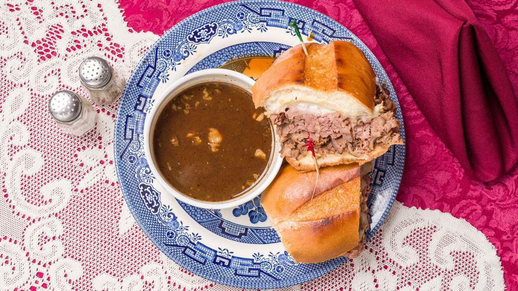 French Dip · French dip tender roast beef and provolone cheese on a hoagie roll. served with au jus sauce. savory and a bit salty.