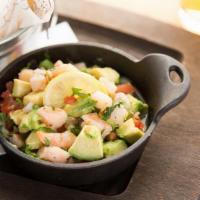 Ceviche · Shrimp, tomatoes, onions, cucumber, cilantro, and serrano chilies, topped with fresh avocado...