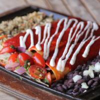 Vegan Enchiladas · Sauteed red & green bell peppers, onions, mushrooms, vegan Cheddar cheese wrapped in three t...
