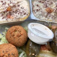 Combo Platter  (Vegetarian) · Vegetarian. Combination of hummus, baba ghanouge, two grape leaves, and two falafels. Served...