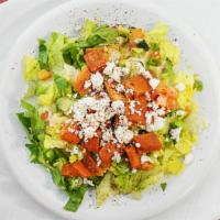 Fattoush Green Salad · Mix of lettuce, tomatoes, cucumbers, and pickles. Topped with Feta cheese and toasted pita b...
