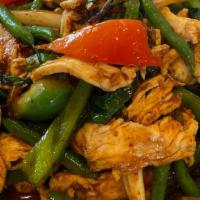 Phad Prik Khing · Sautéed garlic and red curry sauce with your choice of meat, green beans and bell peppers.