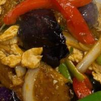 Spicy Eggplants · Stir fried eggplants in chili paste together with your
choice of meat, bell pepper, garlic a...