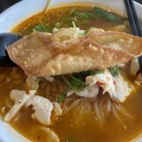 Tom Yum Noodle Soup · Rice noodles in clear broth with Tom Yum, hot and
sour flavor and your choice of meat, crisp...