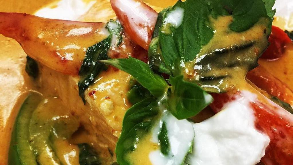 Panang Curry · Rich coconut milk with your choice of meat, bell pepper, kaffir lime leaf, and sweet basil.