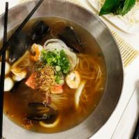 P10 Seafood Pho · Clams, fish ball, imitation crab, mussel, shrimp and squid