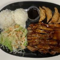 Gr2 Grilled Chicken & Gyoza · Grilled Chicken served with 4pcs Gyozas, rice & salad.