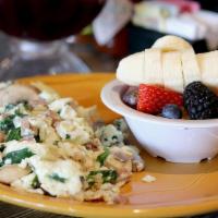 Protein Scramble · chicken, apple sausage, egg whites, mushrooms, spinach, and onions (choose fruit or potatoes...
