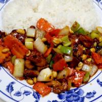 Kung Pao · Customer select ( chicken, beef, pork, tofu, vegetable, shrimp).
Served with White Rice