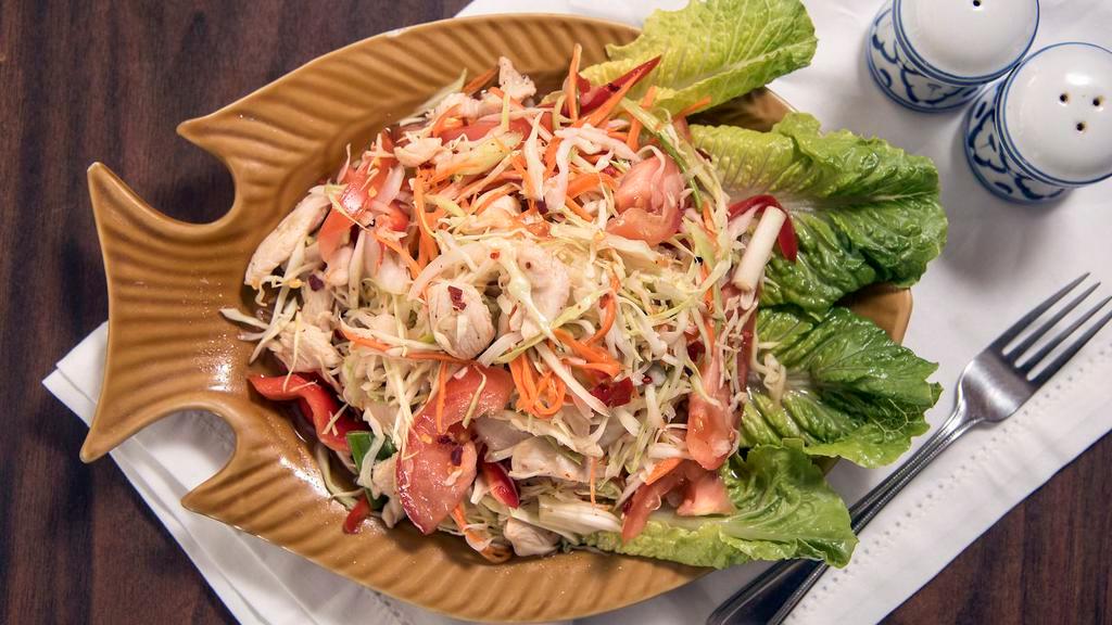 Thai Salad · Sliced chicken mixed with tomatoes, chili, onion, mint leaves cilantro, carrots, bell peppers and cabbage in lime juice dressing.