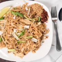 Pad Thai · Special Thai medium flat rice noodles stir-fried with egg, green onion, bean sprouts and roa...