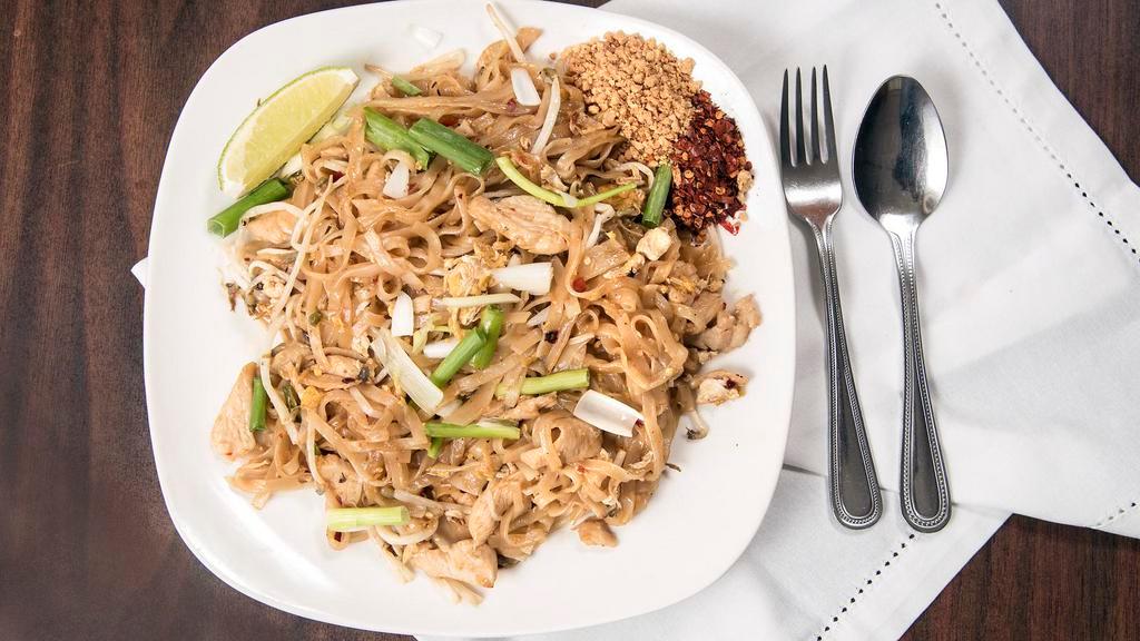 Pad Thai · Special Thai medium flat rice noodles stir-fried with egg, green onion, bean sprouts and roasted ground with a sweet taste.