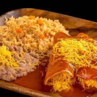 Two Enchiladas · Cheese or chicken or beef
rice and beans