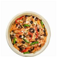 Wicked Voo Doo · Penne + Spicy Red Sauce +  Feta Cheese + Roasted Bell Peppers + Roasted Artichoke + Fresh Ba...