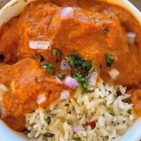 Murgh Makhani Gf Tg · aka butter chicken; a small plate w chicken thighs in a yoghurt marinade cooked in a spicy b...