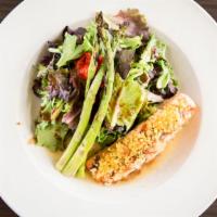 Salmon With Asparagus · Horseradish crusted salmon with roasted asparagus, peppers, and mixed greens.