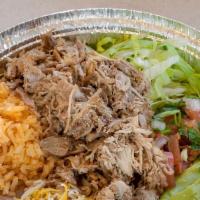Carnitas Plate  · With two tortillas, rice and beans.