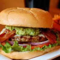 California Bacon Burger (D) · Swiss cheese, fresh guacamole, thick-peppered bacon, lettuce, onion, tomato, signature BOB s...