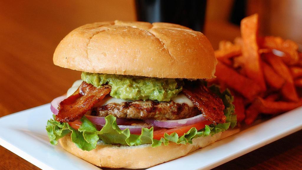 California Bacon Burger (D) · Swiss cheese, fresh guacamole, thick-peppered bacon, lettuce, onion, tomato, signature BOB sauce, kaiser bun.
