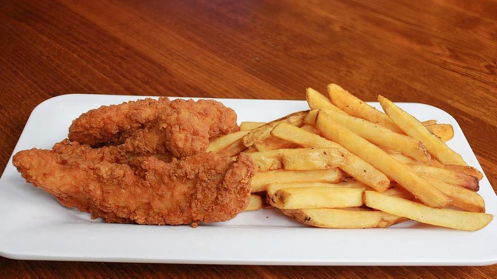 Chicken Strips & Fries (D) · All-natural tender strips served with your choice of house-made dipping sauce.
