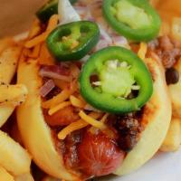 Outlaw Chili Dog (D) · Nathans Famous gourmet hot dog, house made spicy 3 bean chili, shredded cheddar, diced onion...